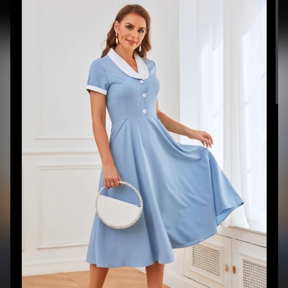 GownTown 50's Coquette Girl Classic Cape Lapel Trad Wife Blue White Midi Dress M